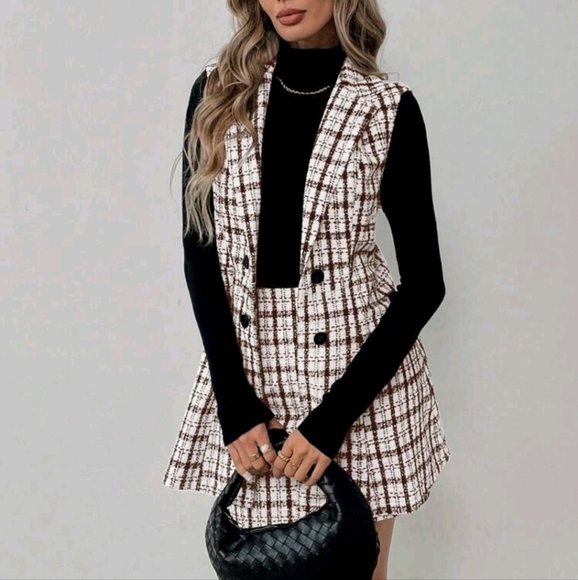 Women Plaid Print Collar Sleeveless Top And Mini Skirt 2-Piece Set - Picture 5 of 6